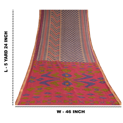 Sanskriti Vintage Sarees Indian Cream Pure Cotton Printed Sari 5+yd Craft Fabric