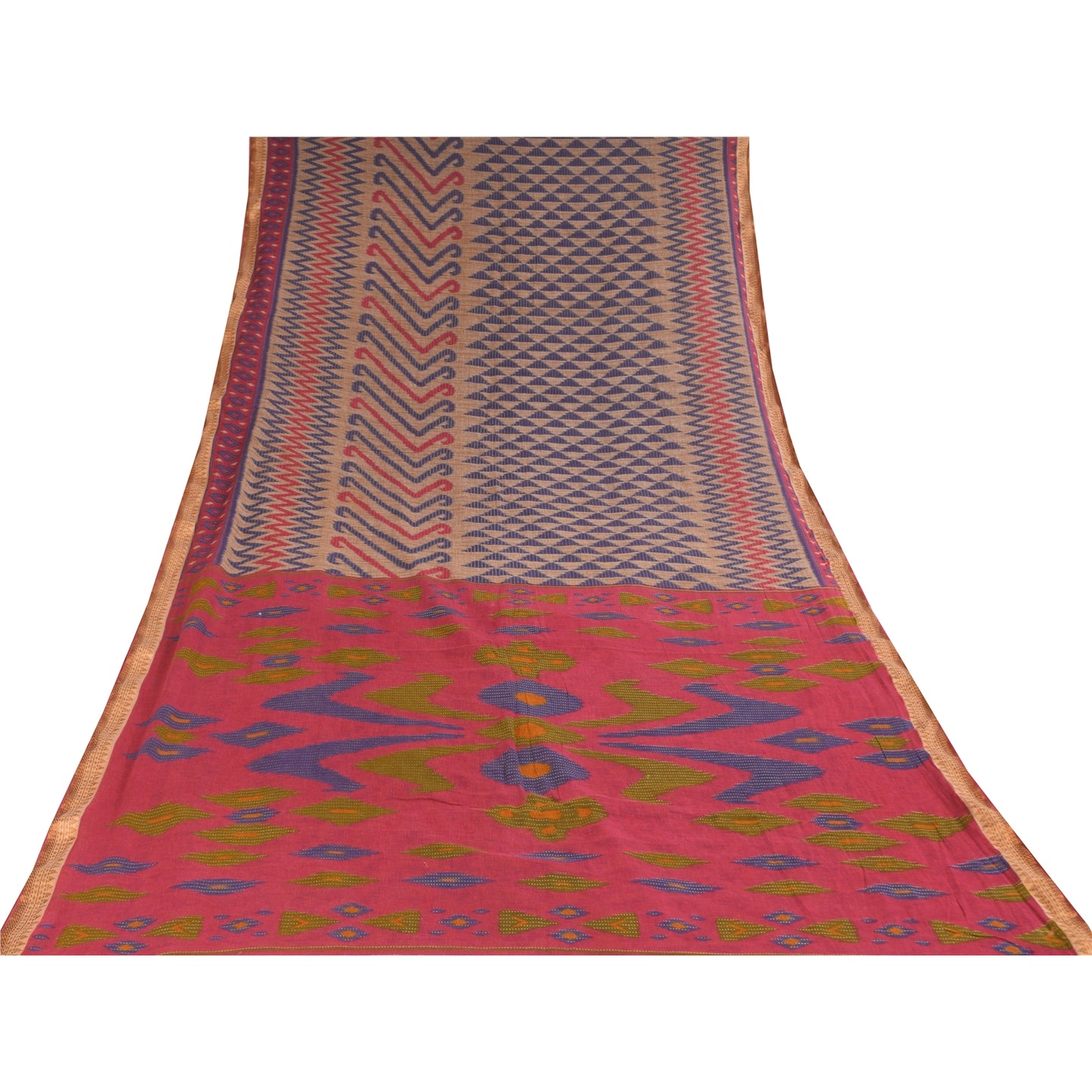 Sanskriti Vintage Sarees Indian Cream Pure Cotton Printed Sari 5+yd Craft Fabric