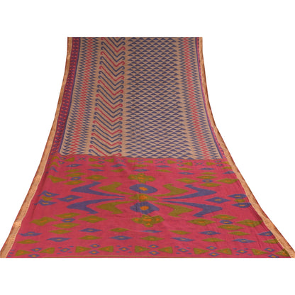 Sanskriti Vintage Sarees Indian Cream Pure Cotton Printed Sari 5+yd Craft Fabric