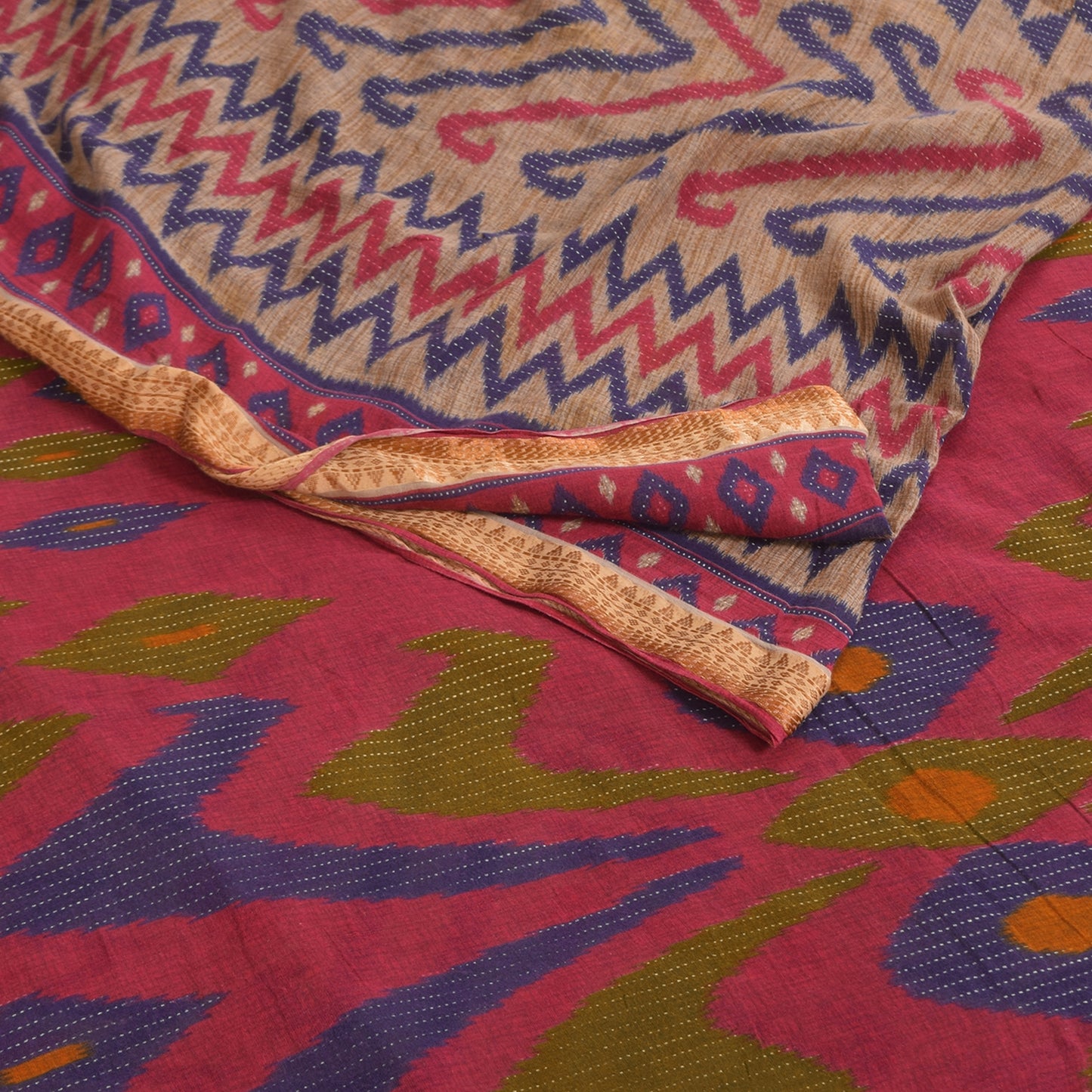 Sanskriti Vintage Sarees Indian Cream Pure Cotton Printed Sari 5+yd Craft Fabric