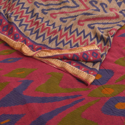 Sanskriti Vintage Sarees Indian Cream Pure Cotton Printed Sari 5+yd Craft Fabric