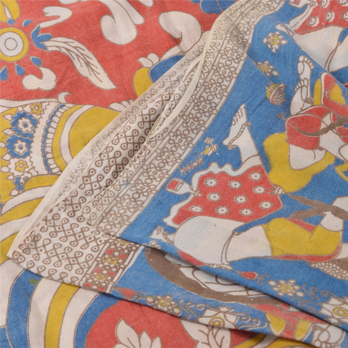 Sanskriti Vintage Sarees Pure Cotton Red Handmade Kalmakari Printed Sari Sustainable Fabric