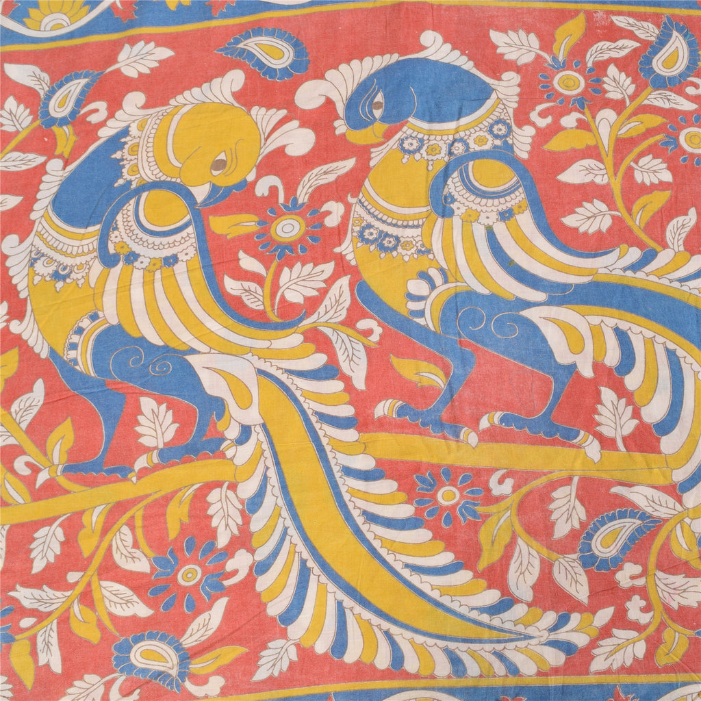 Sanskriti Vintage Sarees Pure Cotton Red Handmade Kalmakari Printed Sari Sustainable Fabric