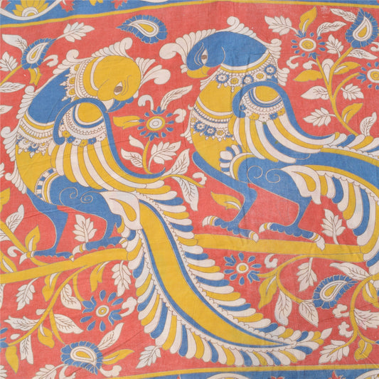 Sanskriti Vintage Sarees Pure Cotton Red Handmade Kalmakari Printed Sari Sustainable Fabric