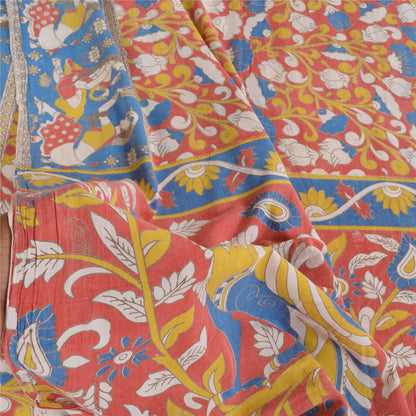 Sanskriti Vintage Sarees Pure Cotton Red Handmade Kalmakari Printed Sari Sustainable Fabric