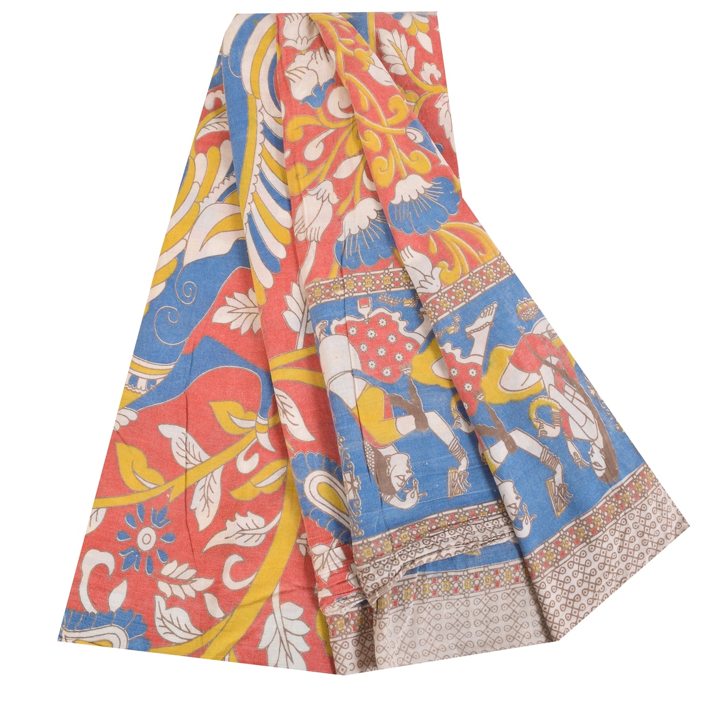 Sanskriti Vintage Sarees Pure Cotton Red Handmade Kalmakari Printed Sari Sustainable Fabric