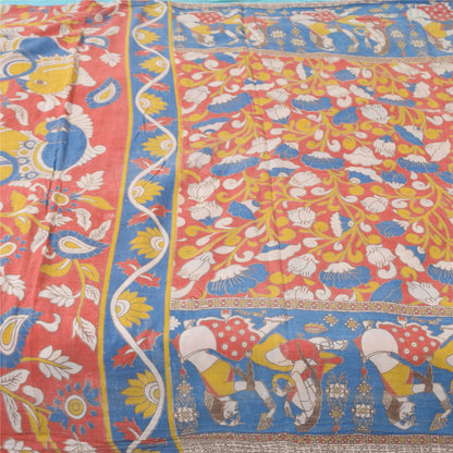 Sanskriti Vintage Sarees Pure Cotton Red Handmade Kalmakari Printed Sari Sustainable Fabric