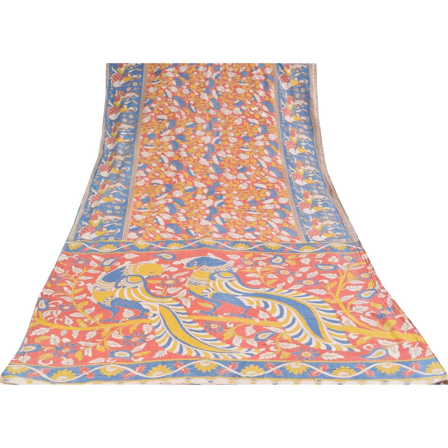 Sanskriti Vintage Sarees Pure Cotton Red Handmade Kalmakari Printed Sari Sustainable Fabric