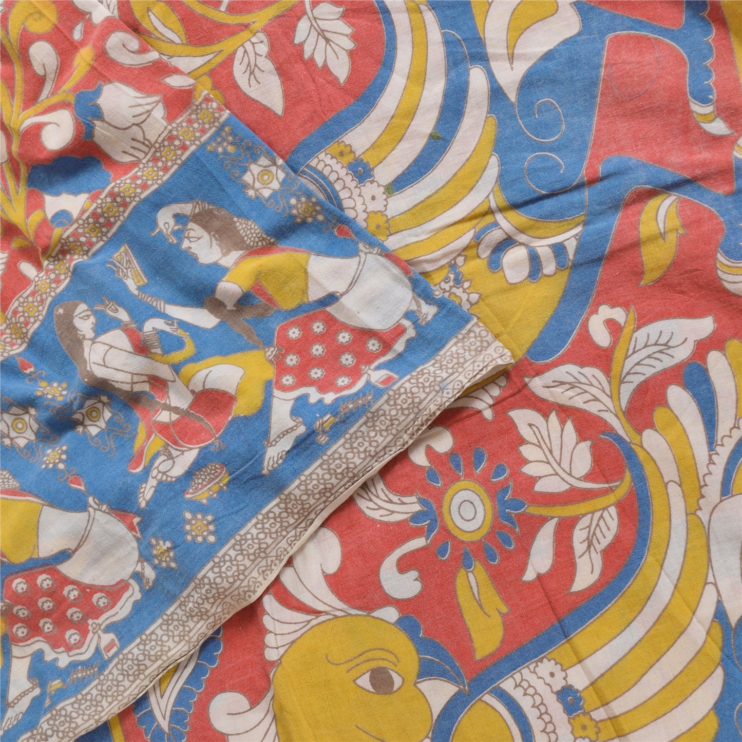 Sanskriti Vintage Sarees Pure Cotton Red Handmade Kalmakari Printed Sari Sustainable Fabric