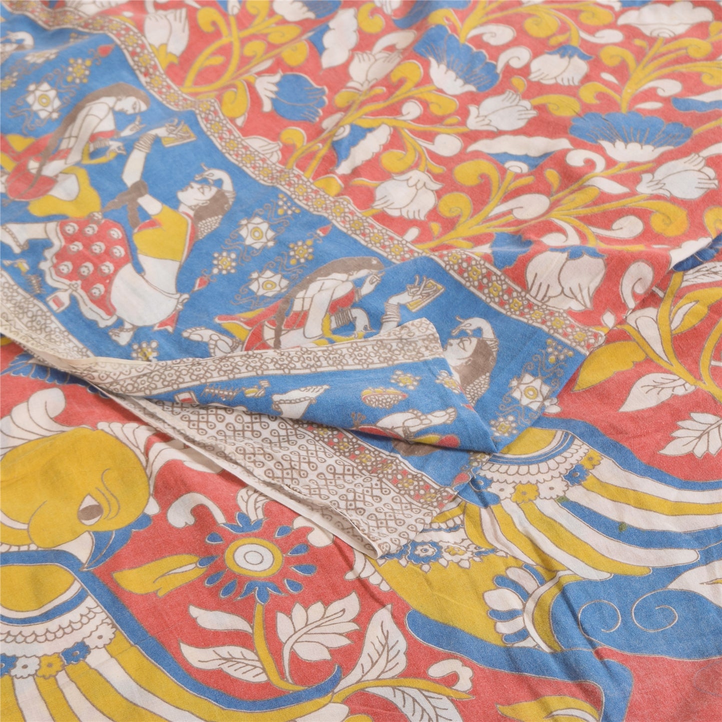 Sanskriti Vintage Sarees Pure Cotton Red Handmade Kalmakari Printed Sari Sustainable Fabric