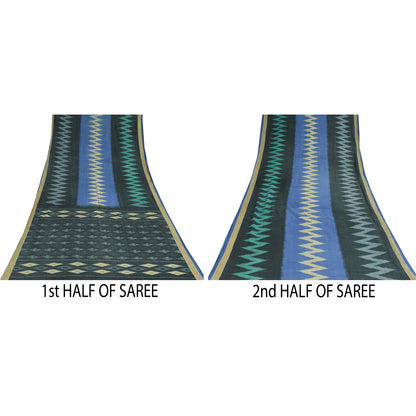 Sanskriti Vintage Sarees Black Pure Cotton Ikat Hand WovenSari 5+yd Craft Sustainable Fabric