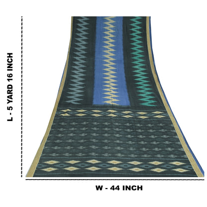 Sanskriti Vintage Sarees Black Pure Cotton Ikat Hand WovenSari 5+yd Craft Sustainable Fabric