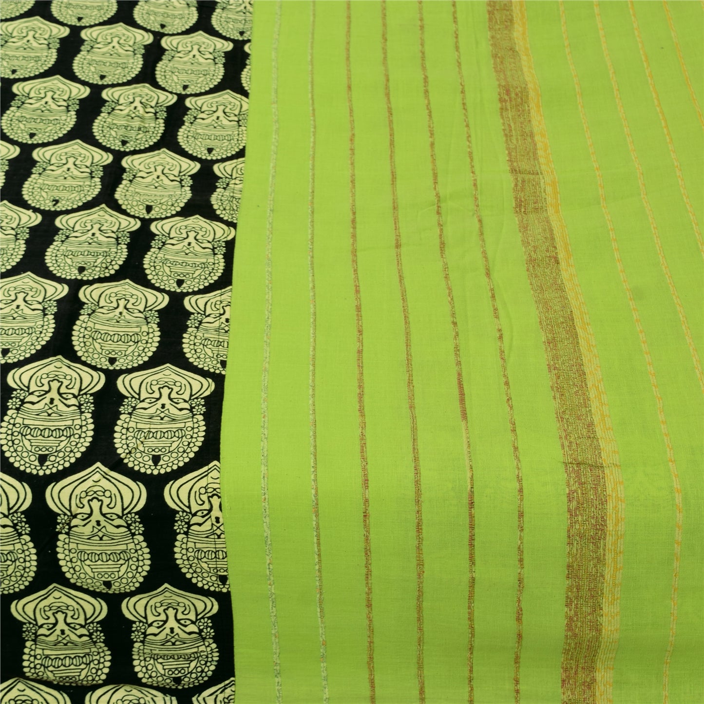 Sanskriti Vintage Sarees Pure Cotton Hand Block Print Kathakali Sari 5+yd Fabric