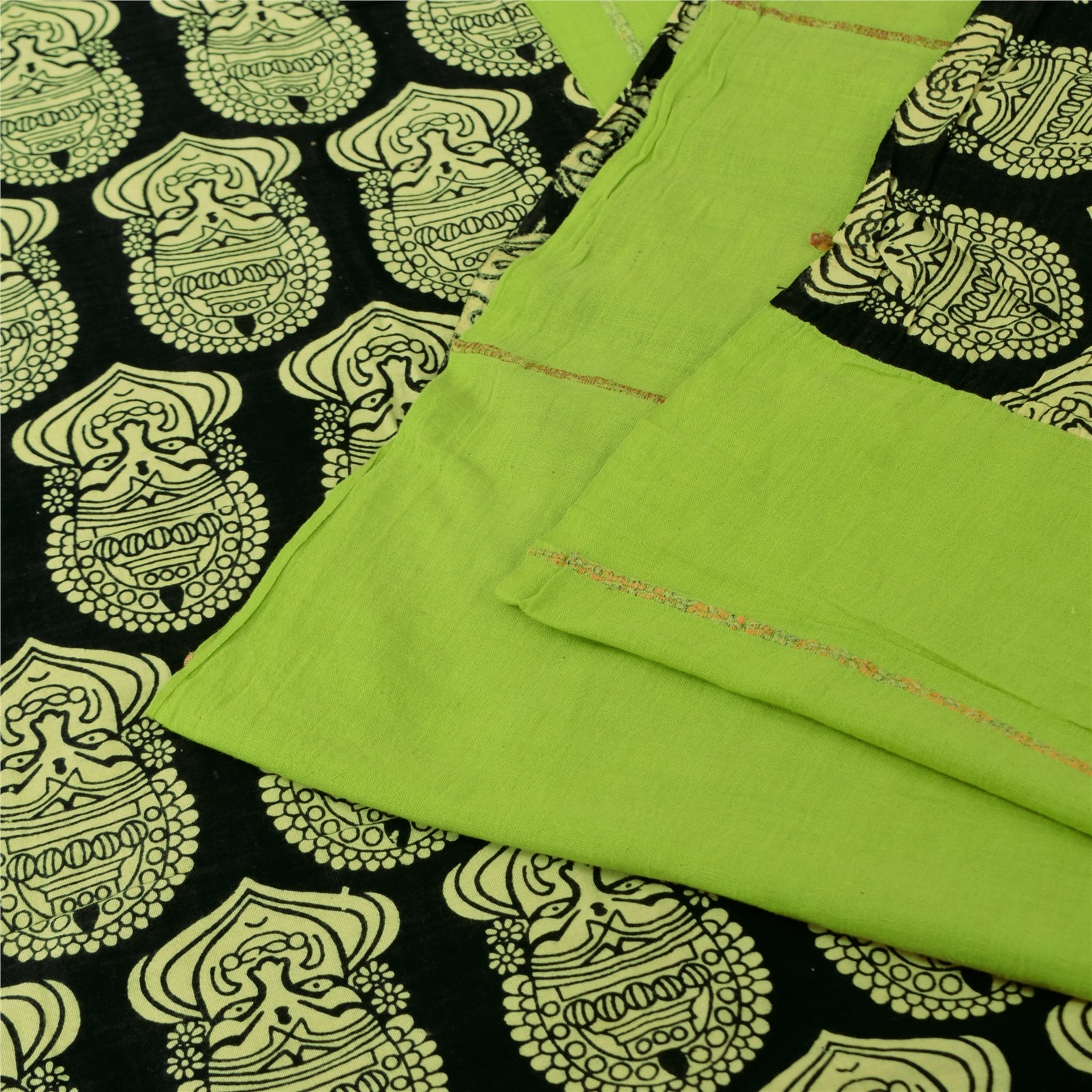 Sanskriti Vintage Sarees Pure Cotton Hand Block Print Kathakali Sari 5+yd Fabric