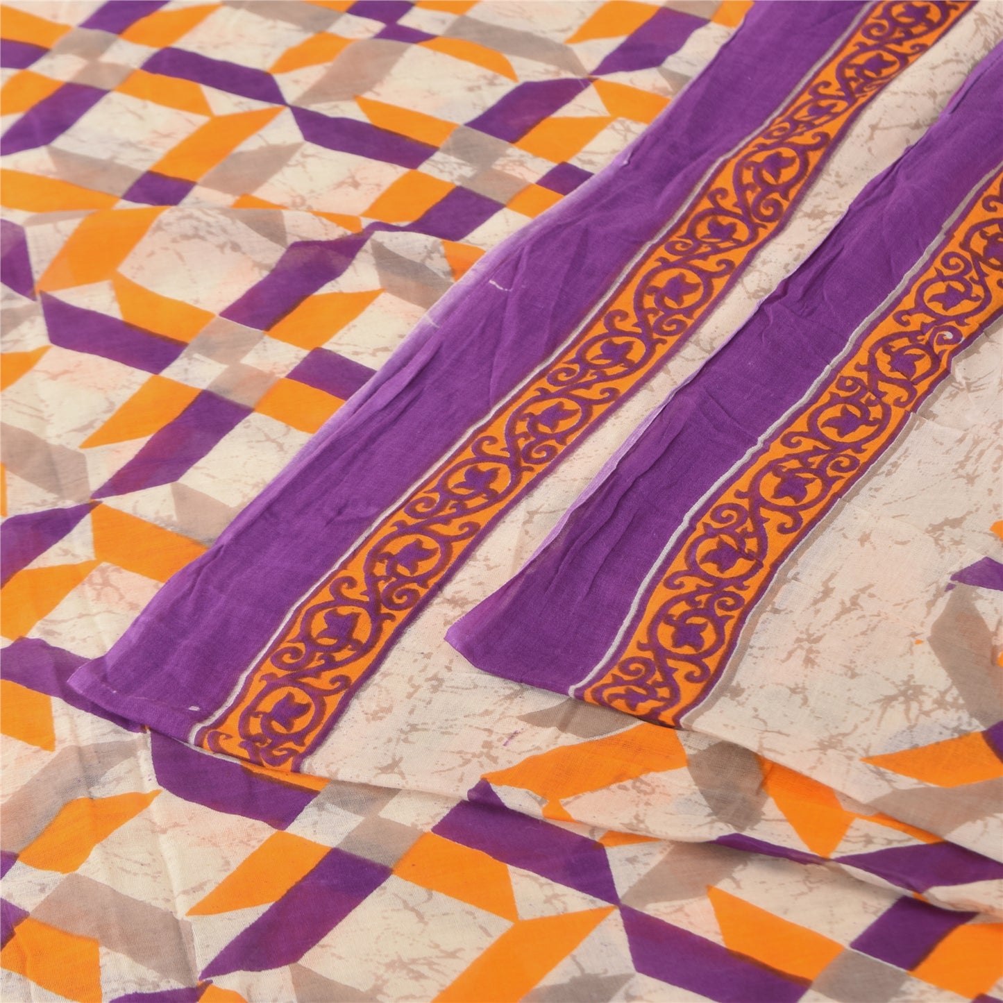 Sanskriti Vintage Sarees Indian Ivory Pure Cotton Printed Sari 5+yd Craft Sustainable Fabric