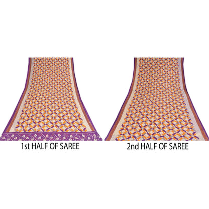 Sanskriti Vintage Sarees Indian Ivory Pure Cotton Printed Sari 5+yd Craft Sustainable Fabric