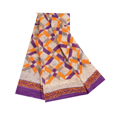 Sanskriti Vintage Sarees Indian Ivory Pure Cotton Printed Sari 5+yd Craft Sustainable Fabric