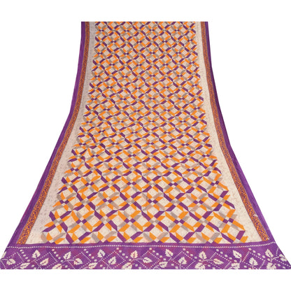 Sanskriti Vintage Sarees Indian Ivory Pure Cotton Printed Sari 5+yd Craft Sustainable Fabric