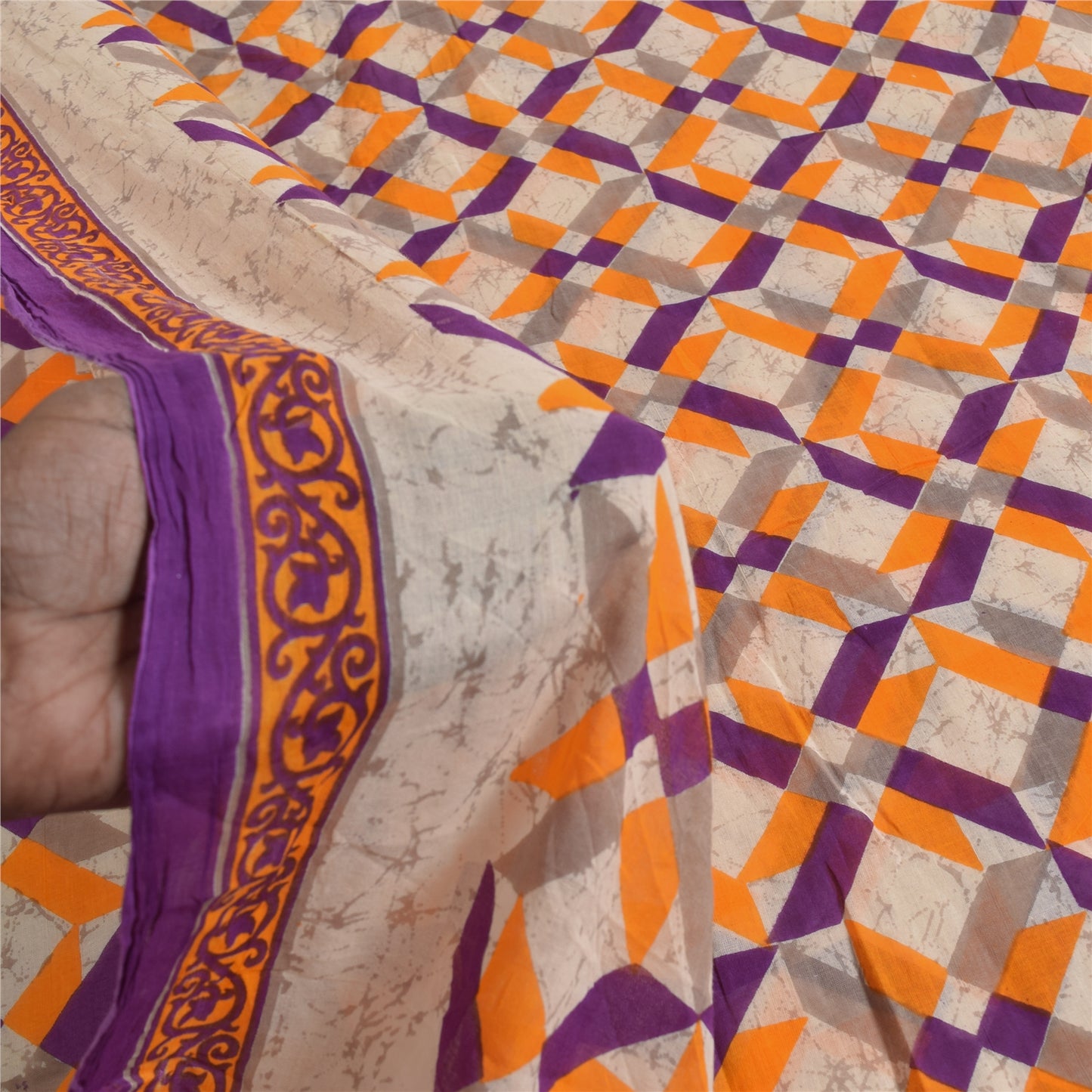 Sanskriti Vintage Sarees Indian Ivory Pure Cotton Printed Sari 5+yd Craft Sustainable Fabric