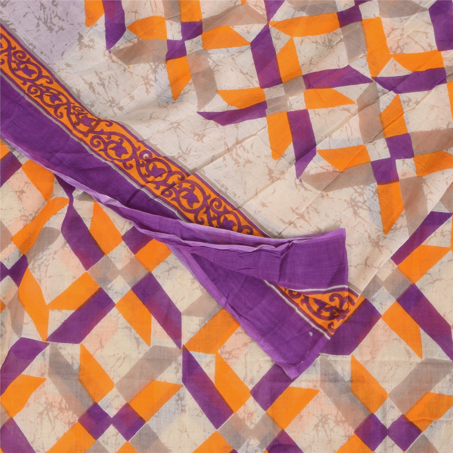 Sanskriti Vintage Sarees Indian Ivory Pure Cotton Printed Sari 5+yd Craft Sustainable Fabric