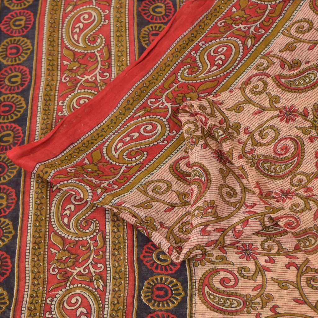 Sanskriti Vintage Sarees Ivory/Red Pure Cotton Printed Sari 5+yd Craft Sustainable Fabric
