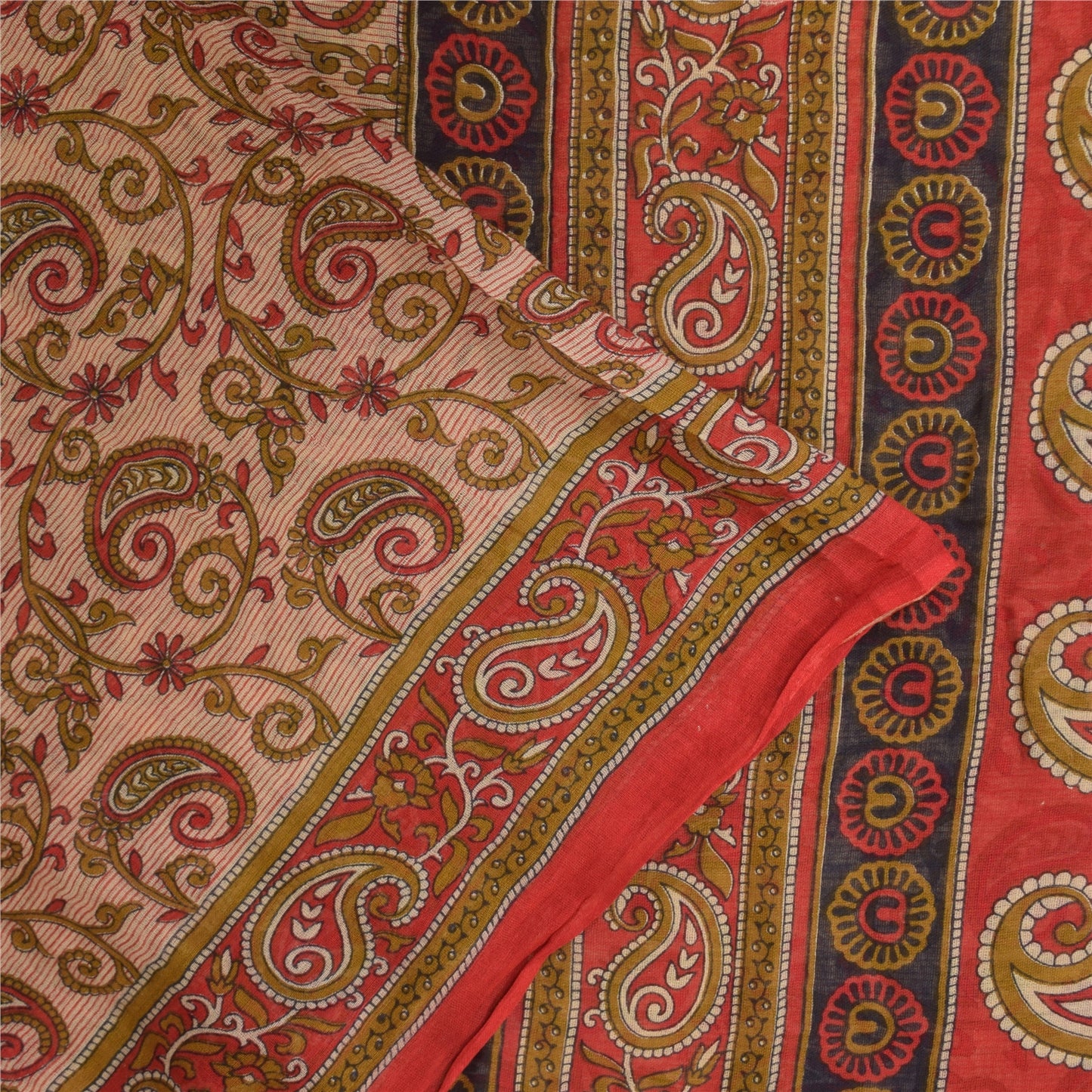 Sanskriti Vintage Sarees Ivory/Red Pure Cotton Printed Sari 5+yd Craft Sustainable Fabric
