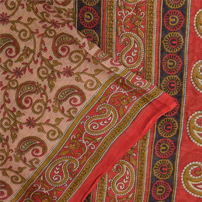 Sanskriti Vintage Sarees Ivory/Red Pure Cotton Printed Sari 5+yd Craft Sustainable Fabric