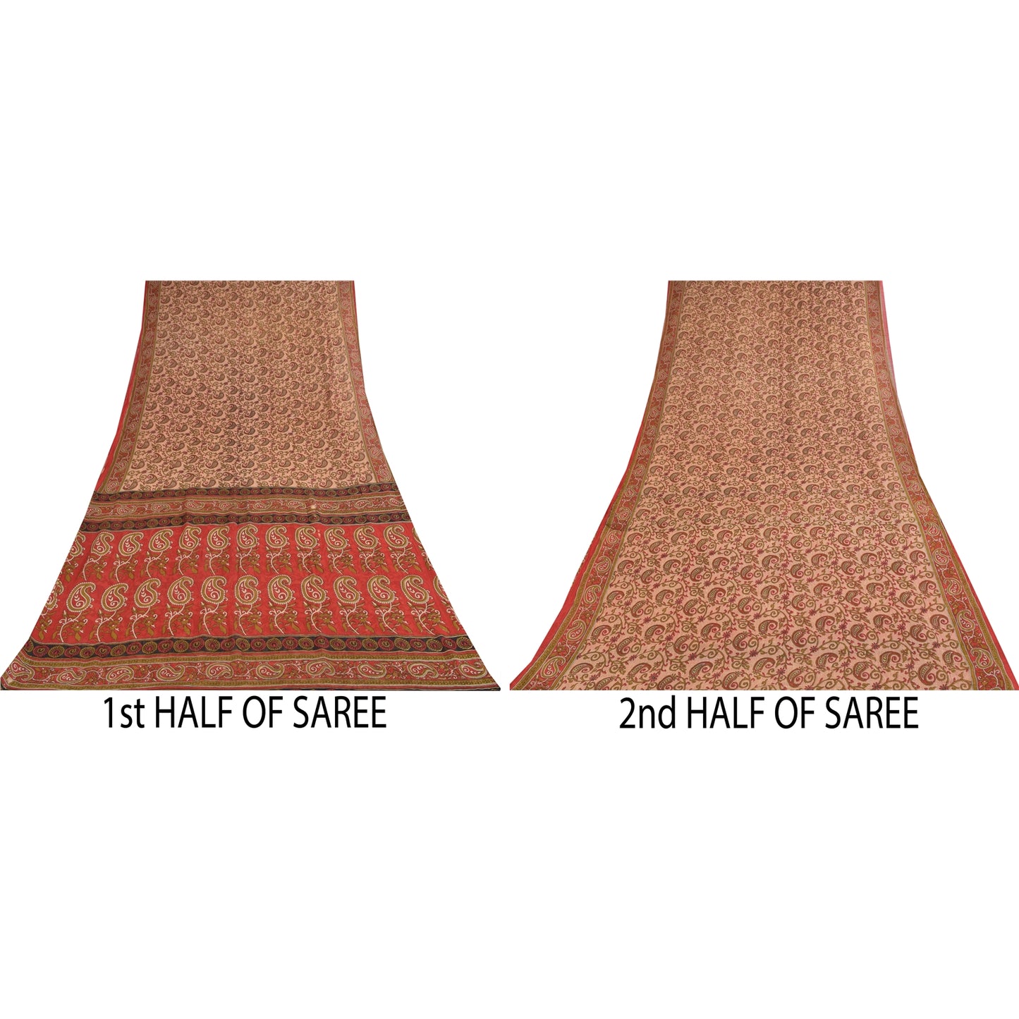 Sanskriti Vintage Sarees Ivory/Red Pure Cotton Printed Sari 5+yd Craft Sustainable Fabric