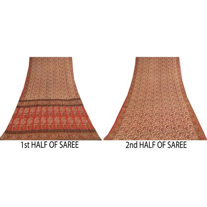 Sanskriti Vintage Sarees Ivory/Red Pure Cotton Printed Sari 5+yd Craft Sustainable Fabric