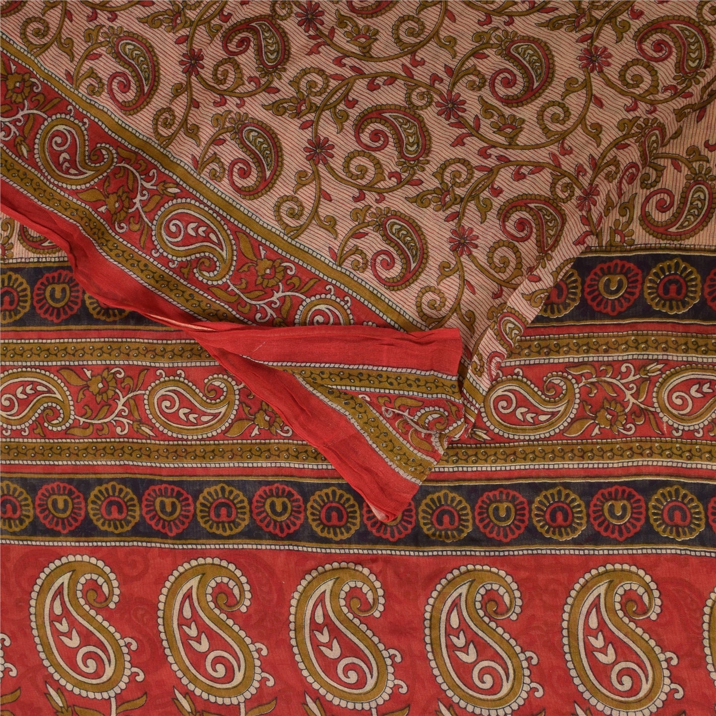 Sanskriti Vintage Sarees Ivory/Red Pure Cotton Printed Sari 5+yd Craft Sustainable Fabric