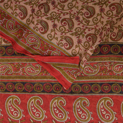 Sanskriti Vintage Sarees Ivory/Red Pure Cotton Printed Sari 5+yd Craft Sustainable Fabric