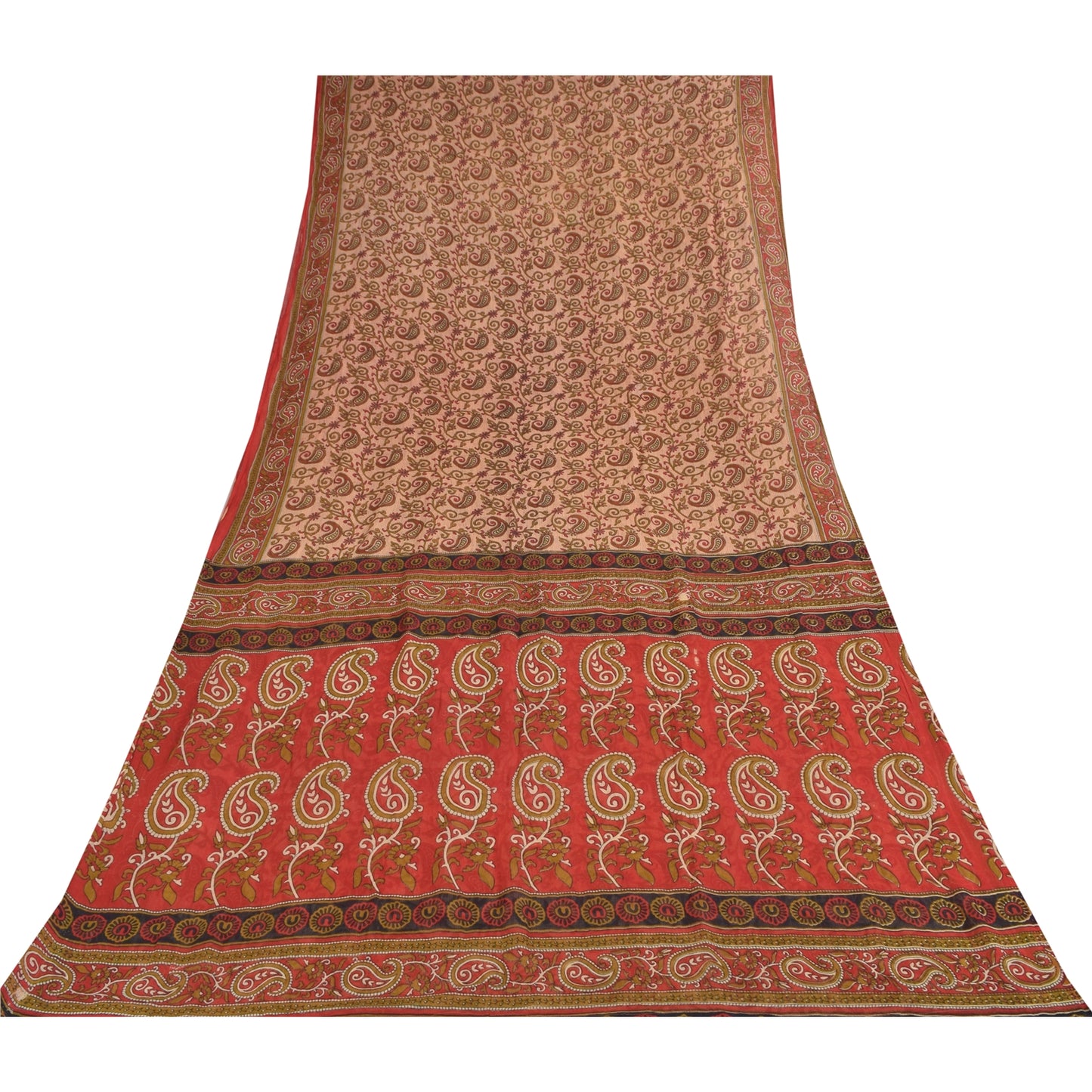 Sanskriti Vintage Sarees Ivory/Red Pure Cotton Printed Sari 5+yd Craft Sustainable Fabric