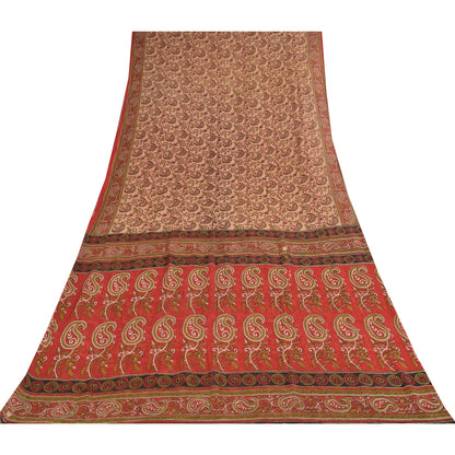 Sanskriti Vintage Sarees Ivory/Red Pure Cotton Printed Sari 5+yd Craft Sustainable Fabric