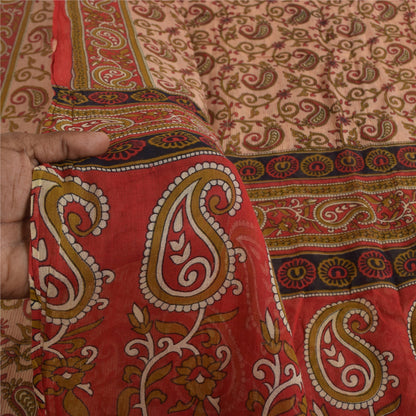 Sanskriti Vintage Sarees Ivory/Red Pure Cotton Printed Sari 5+yd Craft Sustainable Fabric