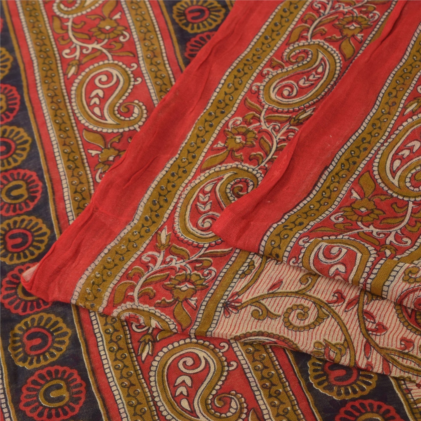 Sanskriti Vintage Sarees Ivory/Red Pure Cotton Printed Sari 5+yd Craft Sustainable Fabric