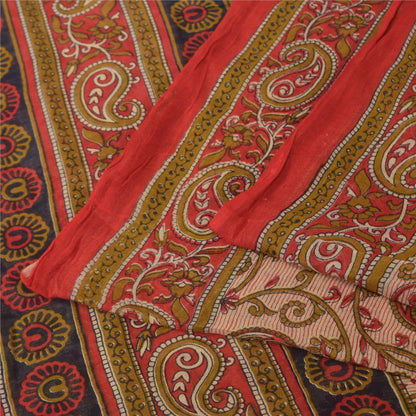 Sanskriti Vintage Sarees Ivory/Red Pure Cotton Printed Sari 5+yd Craft Sustainable Fabric