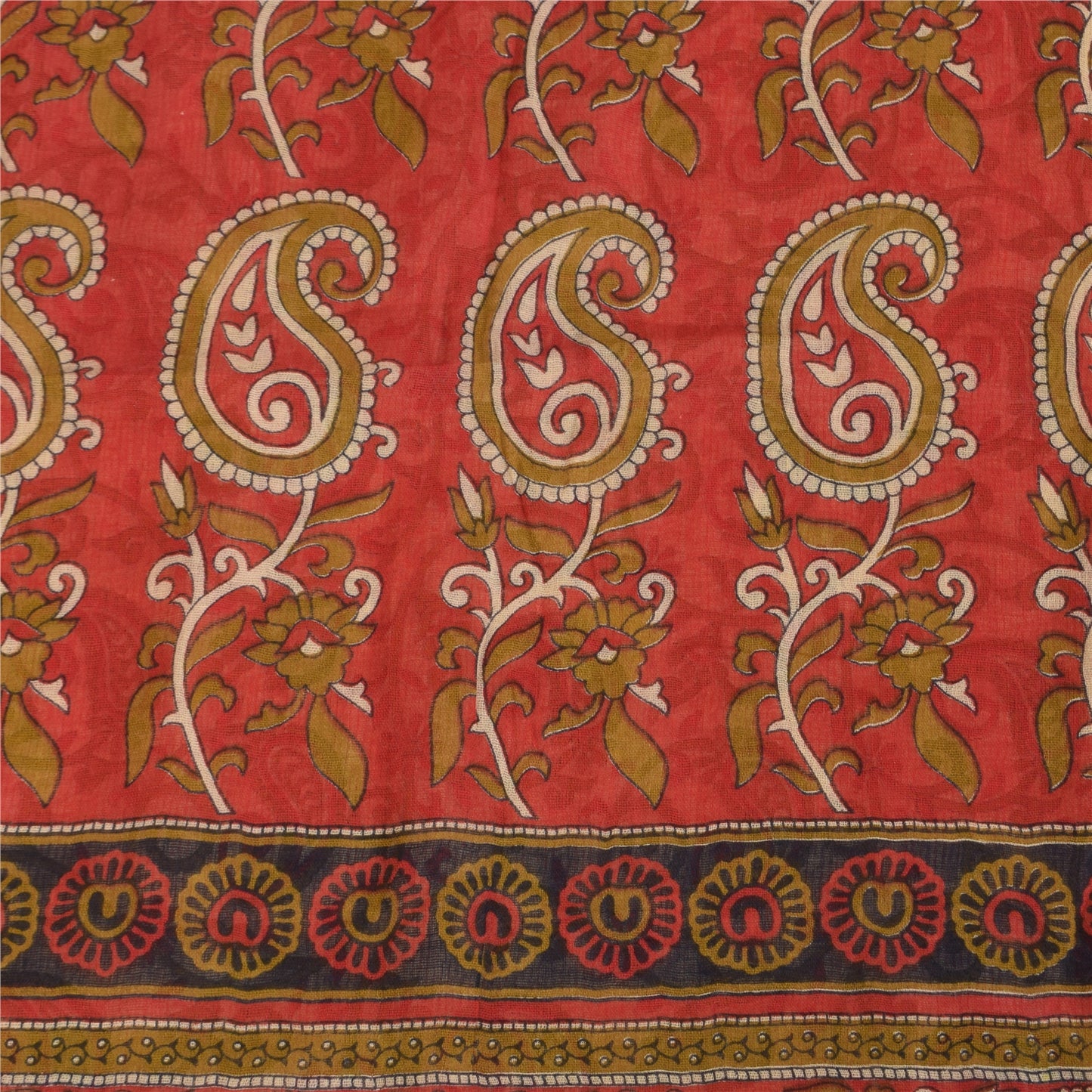 Sanskriti Vintage Sarees Ivory/Red Pure Cotton Printed Sari 5+yd Craft Sustainable Fabric