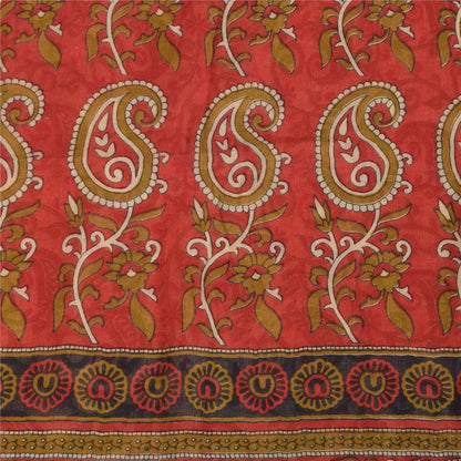 Sanskriti Vintage Sarees Ivory/Red Pure Cotton Printed Sari 5+yd Craft Sustainable Fabric