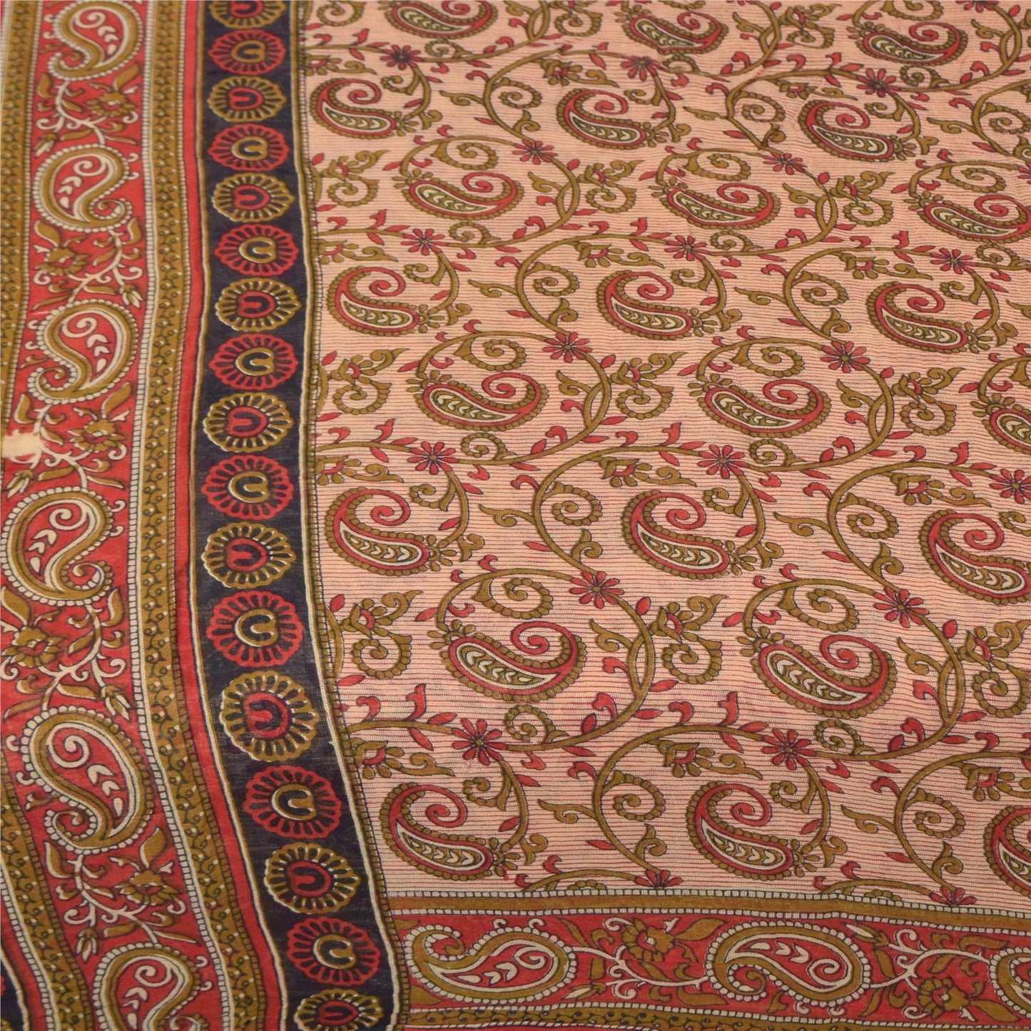 Sanskriti Vintage Sarees Ivory/Red Pure Cotton Printed Sari 5+yd Craft Sustainable Fabric