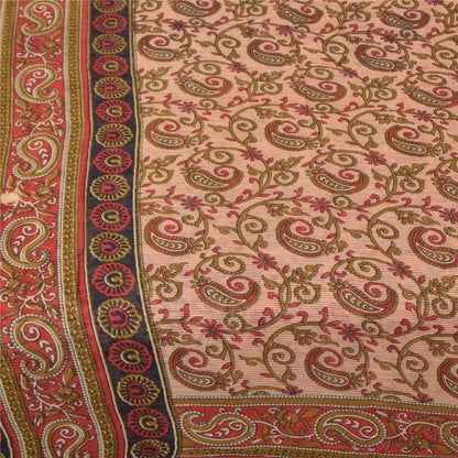 Sanskriti Vintage Sarees Ivory/Red Pure Cotton Printed Sari 5+yd Craft Sustainable Fabric