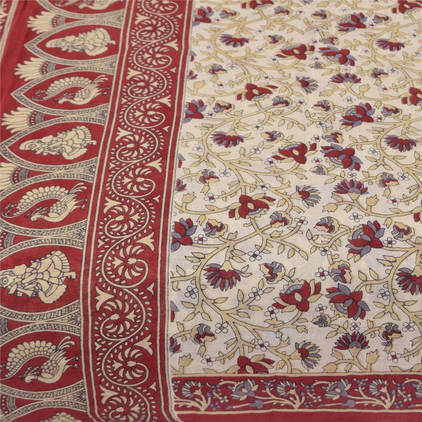 Sanskriti Vintage Sarees Ivory Kalamkari PrintPure Cotton Sari 5+yd Craft Sustainable Fabric