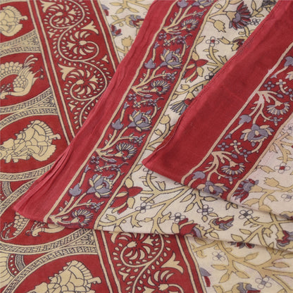 Sanskriti Vintage Sarees Ivory Kalamkari PrintPure Cotton Sari 5+yd Craft Sustainable Fabric