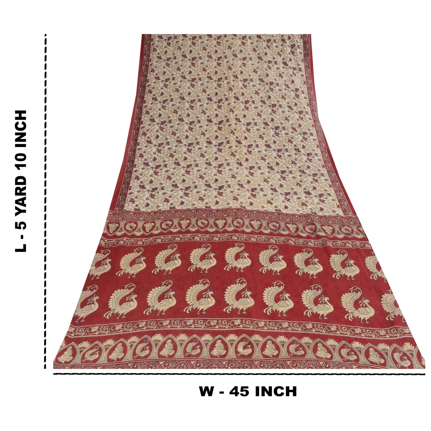 Sanskriti Vintage Sarees Ivory Kalamkari PrintPure Cotton Sari 5+yd Craft Sustainable Fabric