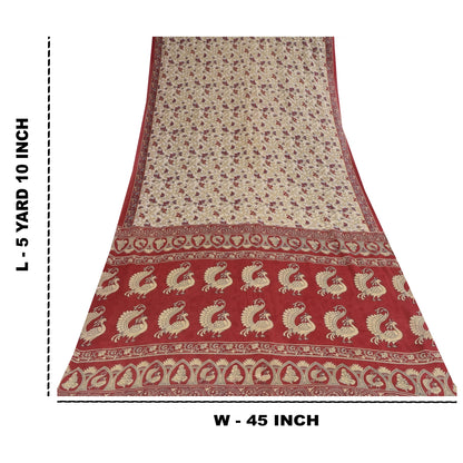 Sanskriti Vintage Sarees Ivory Kalamkari PrintPure Cotton Sari 5+yd Craft Sustainable Fabric