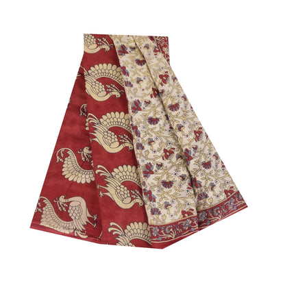 Sanskriti Vintage Sarees Ivory Kalamkari PrintPure Cotton Sari 5+yd Craft Sustainable Fabric