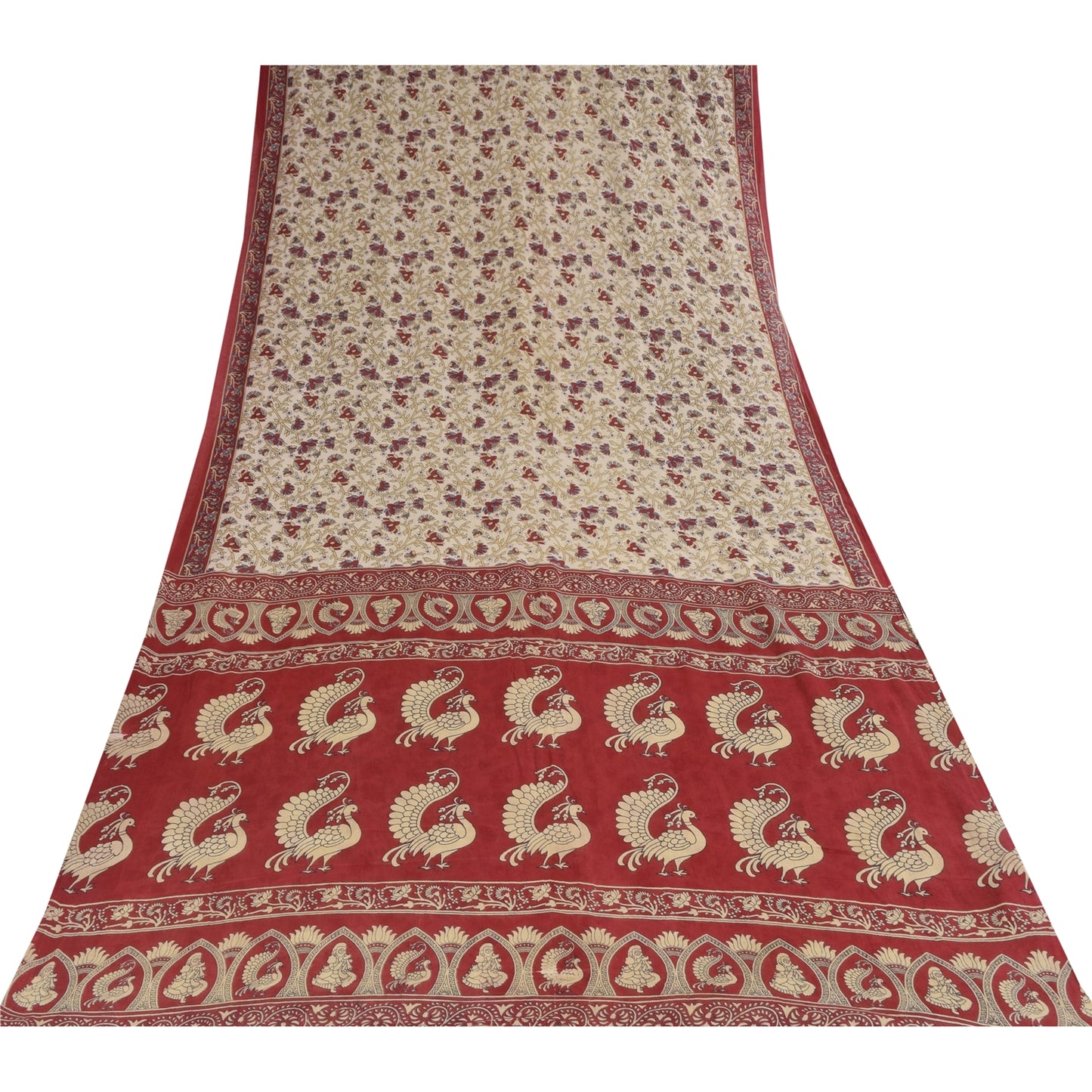 Sanskriti Vintage Sarees Ivory Kalamkari PrintPure Cotton Sari 5+yd Craft Sustainable Fabric