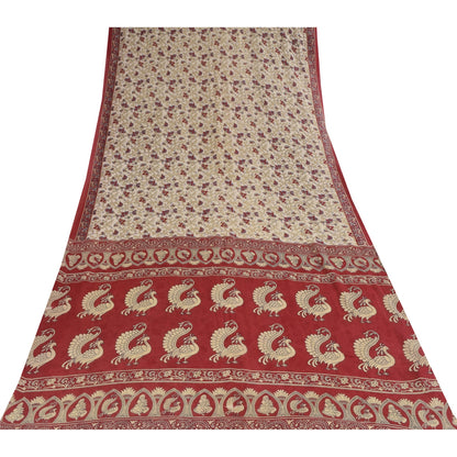 Sanskriti Vintage Sarees Ivory Kalamkari PrintPure Cotton Sari 5+yd Craft Sustainable Fabric