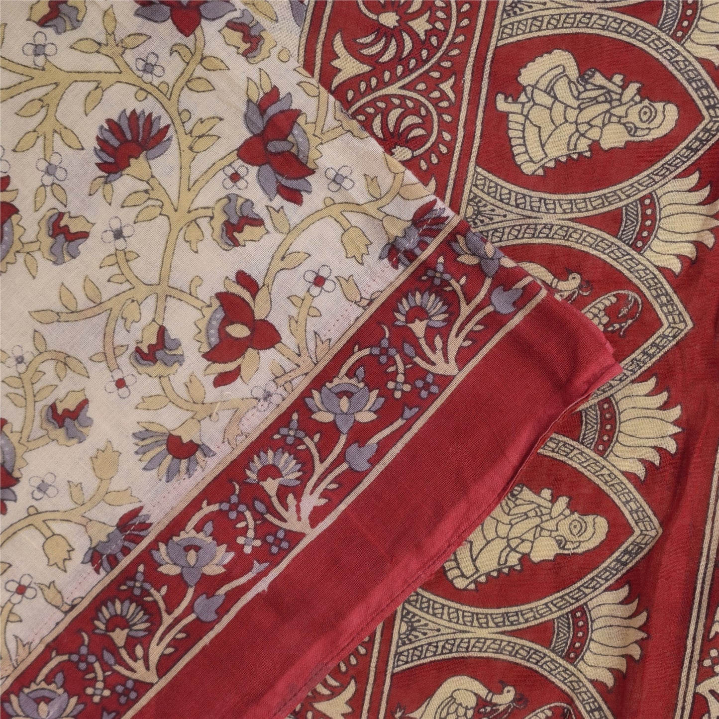 Sanskriti Vintage Sarees Ivory Kalamkari PrintPure Cotton Sari 5+yd Craft Sustainable Fabric