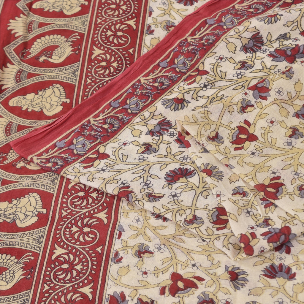 Sanskriti Vintage Sarees Ivory Kalamkari PrintPure Cotton Sari 5+yd Craft Sustainable Fabric