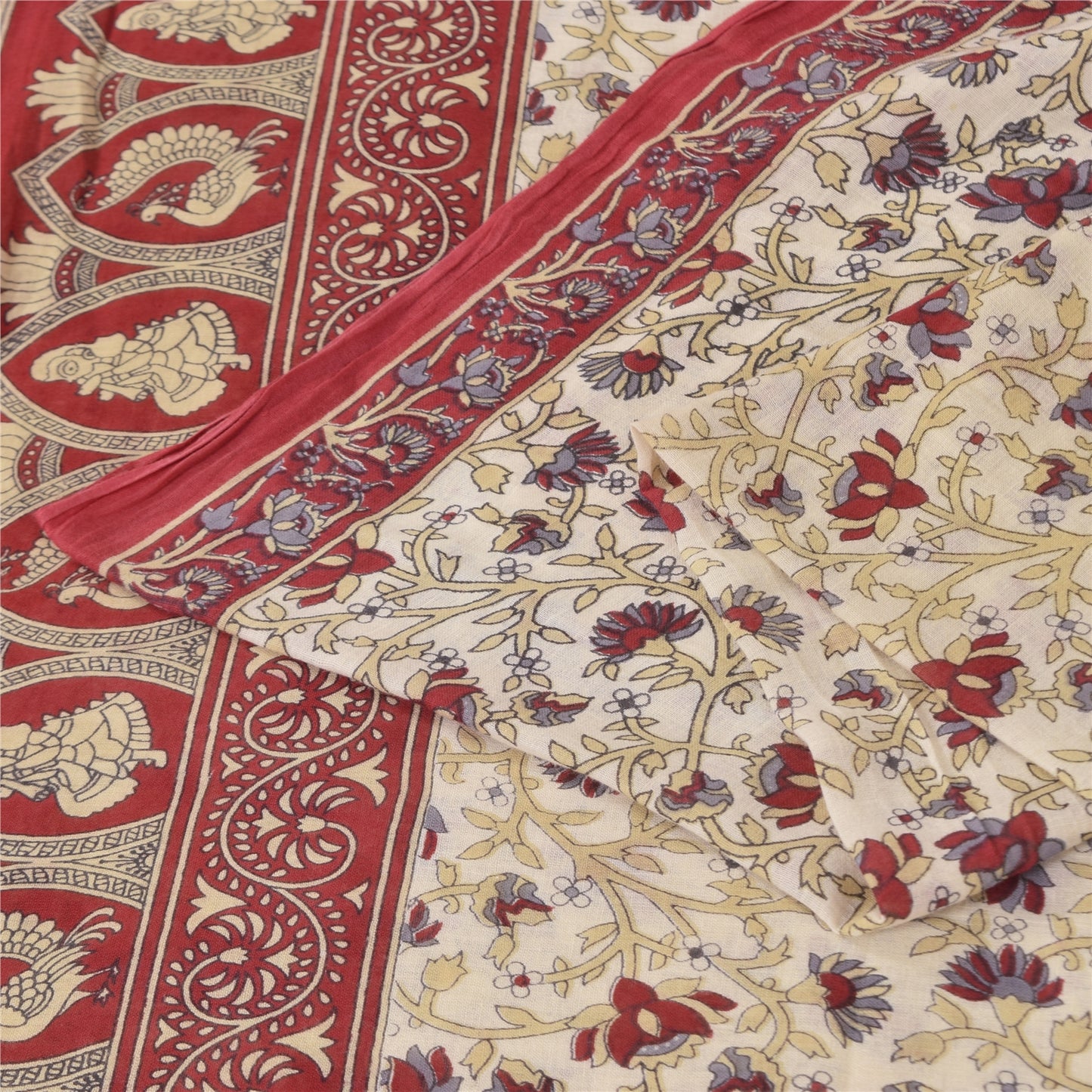 Sanskriti Vintage Sarees Ivory Kalamkari PrintPure Cotton Sari 5+yd Craft Sustainable Fabric